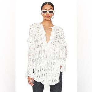 Free People Ivory Candy Shop Lace Long Sleeve Ruffle Boho Textured Tunic Top XS